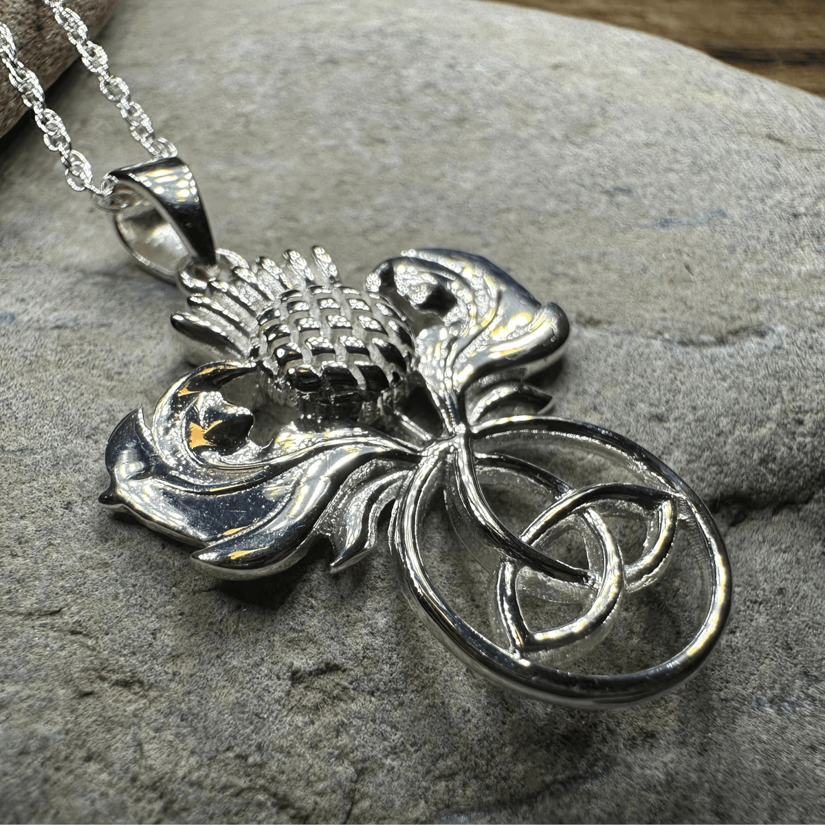 Scottish Thistle Trinity Knot Necklace in Sterling Silver Pendant La Vie Bien Scottish Thistle Trinity Knot Necklace in Sterling Silver