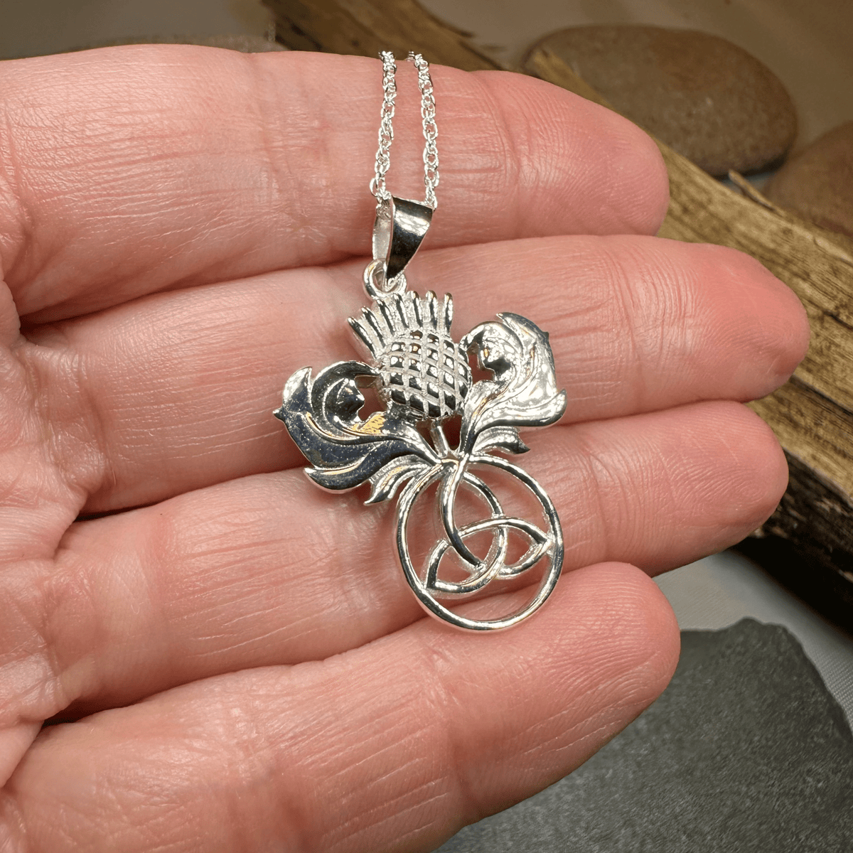 Scottish Thistle Trinity Knot Necklace in Sterling Silver Pendant La Vie Bien Scottish Thistle Trinity Knot Necklace in Sterling Silver