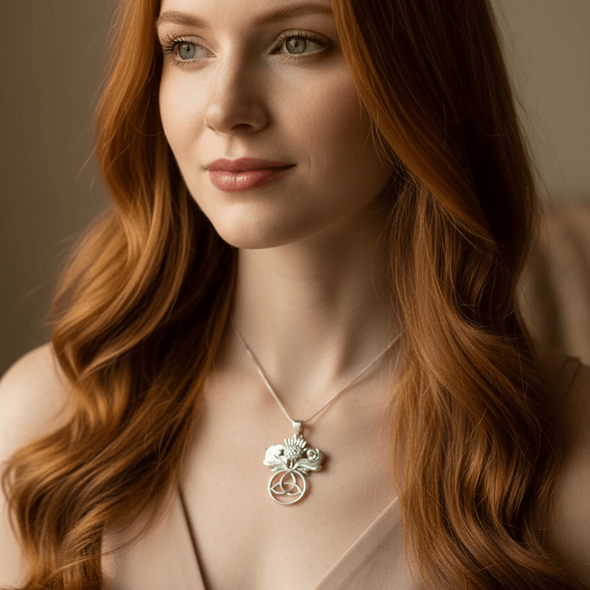 Scottish Thistle Trinity Knot Necklace in Sterling Silver Pendant La Vie Bien Scottish Thistle Trinity Knot Necklace in Sterling Silver