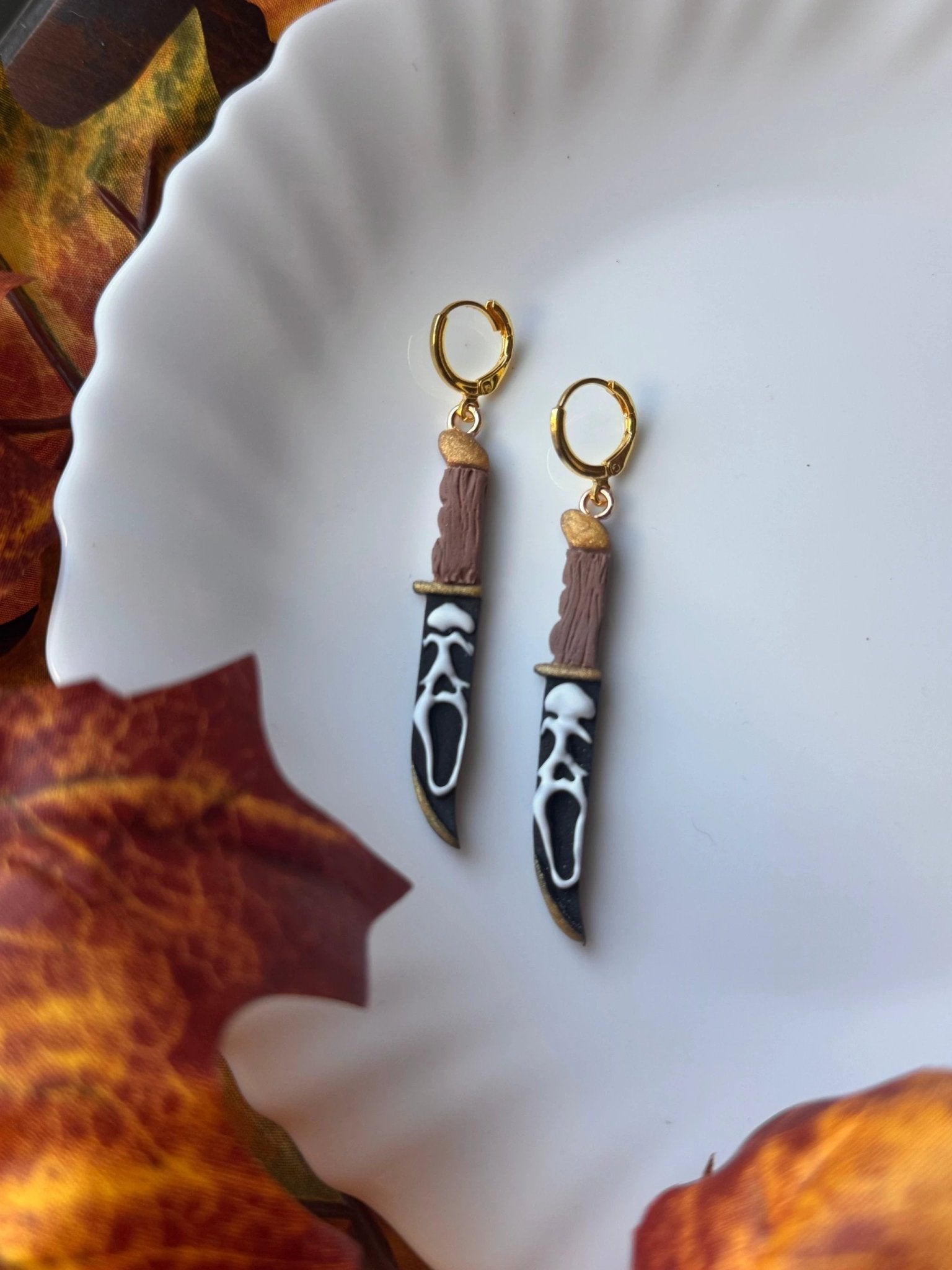 Scream Knives earrings, 14k gold plated, handmade with polymer clay, Nickel free