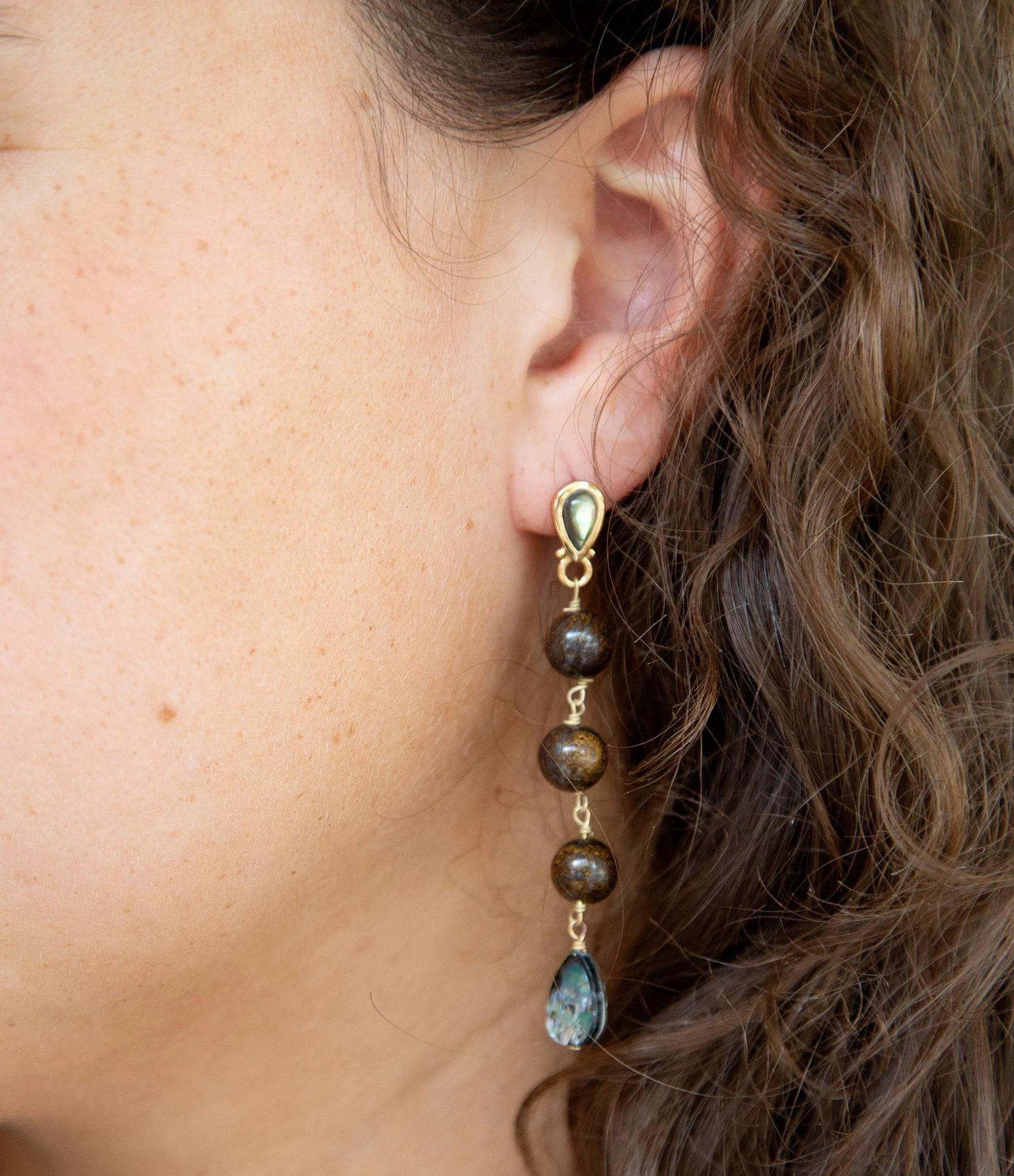 Sepia Sea Blue Abalone Post Golden Drop Earrings by Barse Jewelry