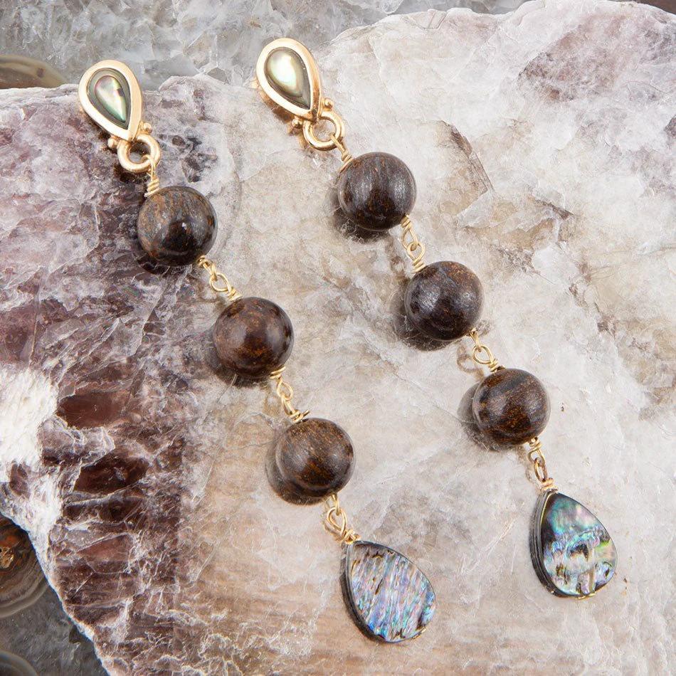 Sepia Sea Blue Abalone Post Golden Drop Earrings by Barse Jewelry