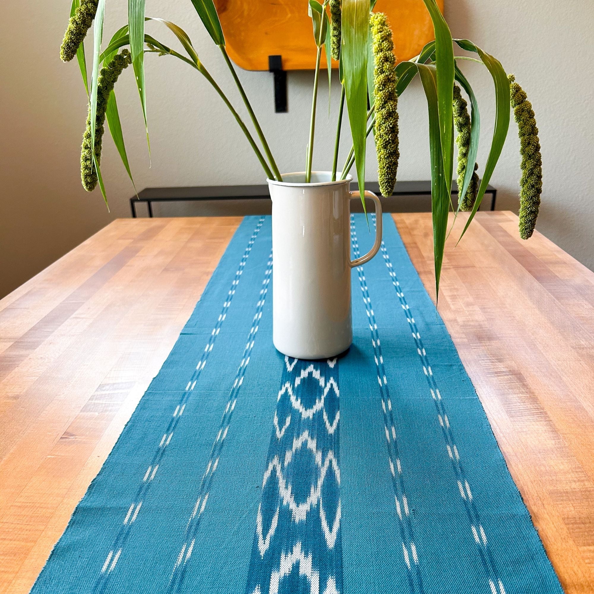Serpentine Ikat Woven Table Runner - Turquoise Siggy La Vie Bien Serpentine Ikat Woven Table Runner - Turquoise