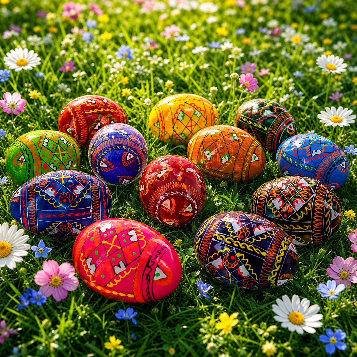 Set of 12 Handcrafted Geometric Ukrainian Pysanky Wooden Easter Eggs 2.5 Inches Easter Eggs > Wooden Pysanky Sets La Vie Bien Set of 12 Handcrafted Geometric Ukrainian Pysanky Wooden Easter Eggs 2.5 Inches