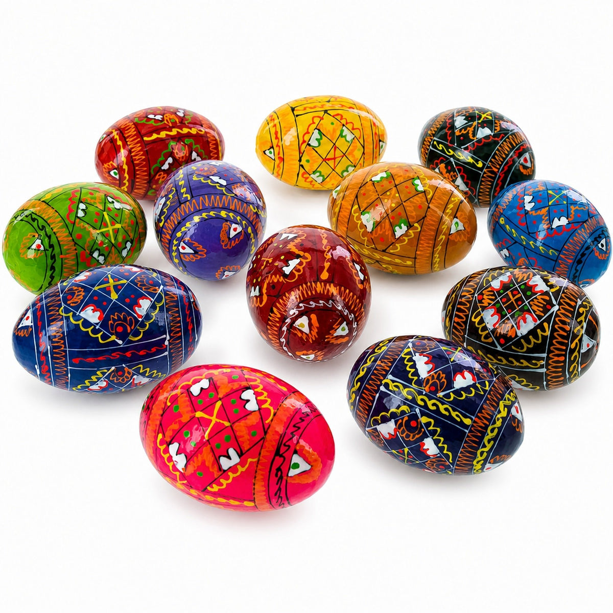 Set of 12 Handcrafted Geometric Ukrainian Pysanky Wooden Easter Eggs 2.5 Inches Easter Eggs > Wooden Pysanky Sets La Vie Bien Set of 12 Handcrafted Geometric Ukrainian Pysanky Wooden Easter Eggs 2.5 Inches