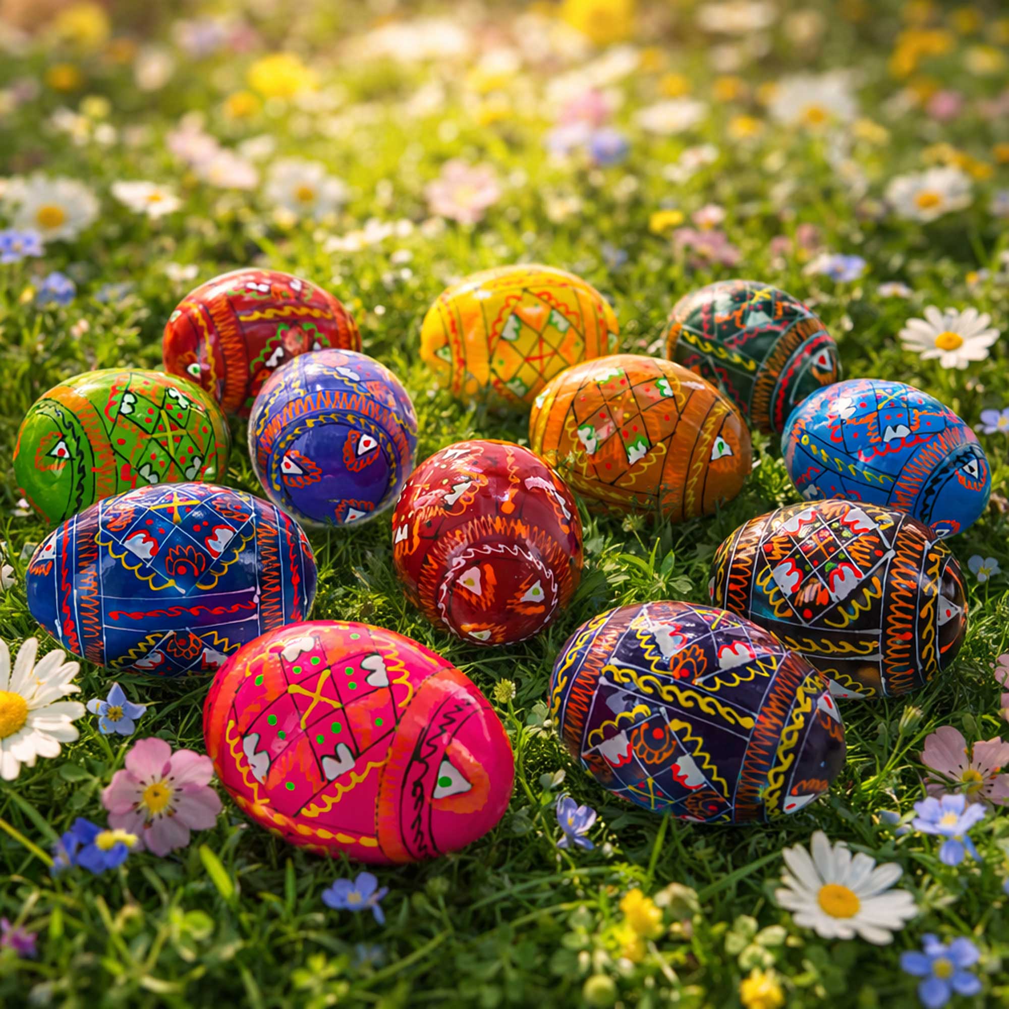 Set of 12 Handcrafted Geometric Ukrainian Pysanky Wooden Easter Eggs 2.5 Inches Easter Eggs > Wooden Pysanky Sets La Vie Bien Set of 12 Handcrafted Geometric Ukrainian Pysanky Wooden Easter Eggs 2.5 Inches