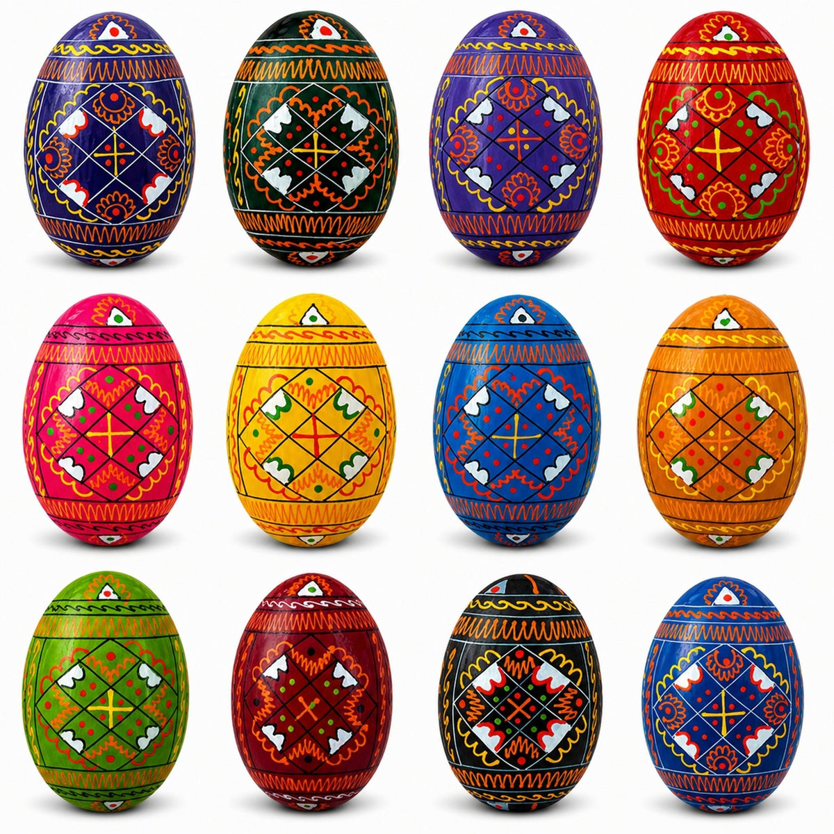 Set of 12 Handcrafted Geometric Ukrainian Pysanky Wooden Easter Eggs 2.5 Inches Easter Eggs > Wooden Pysanky Sets La Vie Bien Set of 12 Handcrafted Geometric Ukrainian Pysanky Wooden Easter Eggs 2.5 Inches