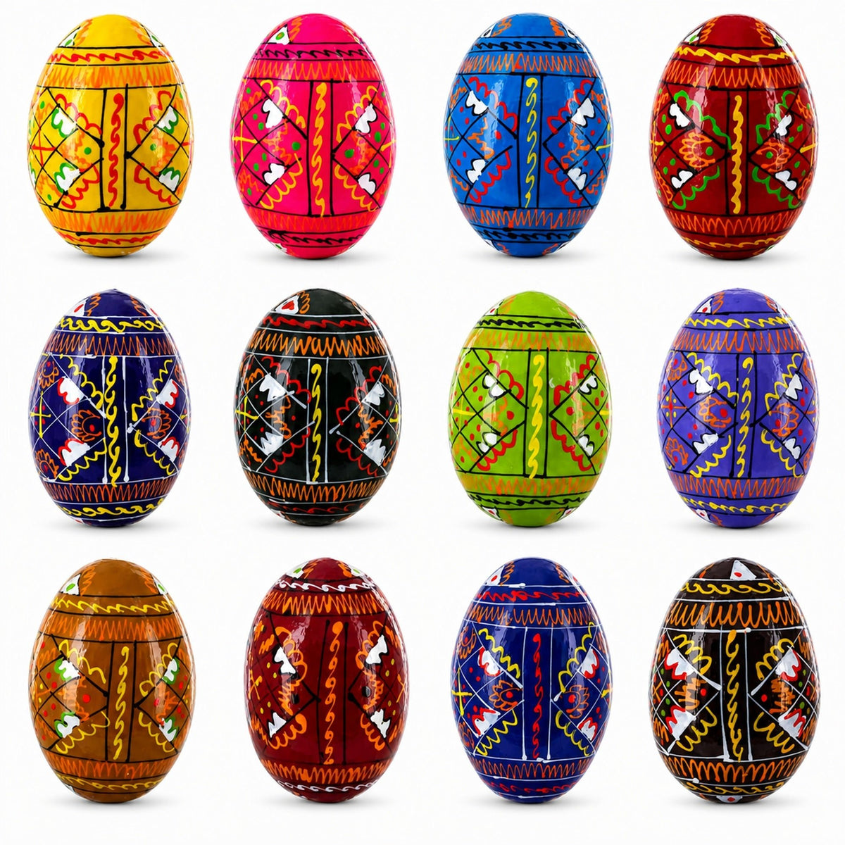 Set of 12 Handcrafted Geometric Ukrainian Pysanky Wooden Easter Eggs 2.5 Inches Easter Eggs > Wooden Pysanky Sets La Vie Bien Set of 12 Handcrafted Geometric Ukrainian Pysanky Wooden Easter Eggs 2.5 Inches
