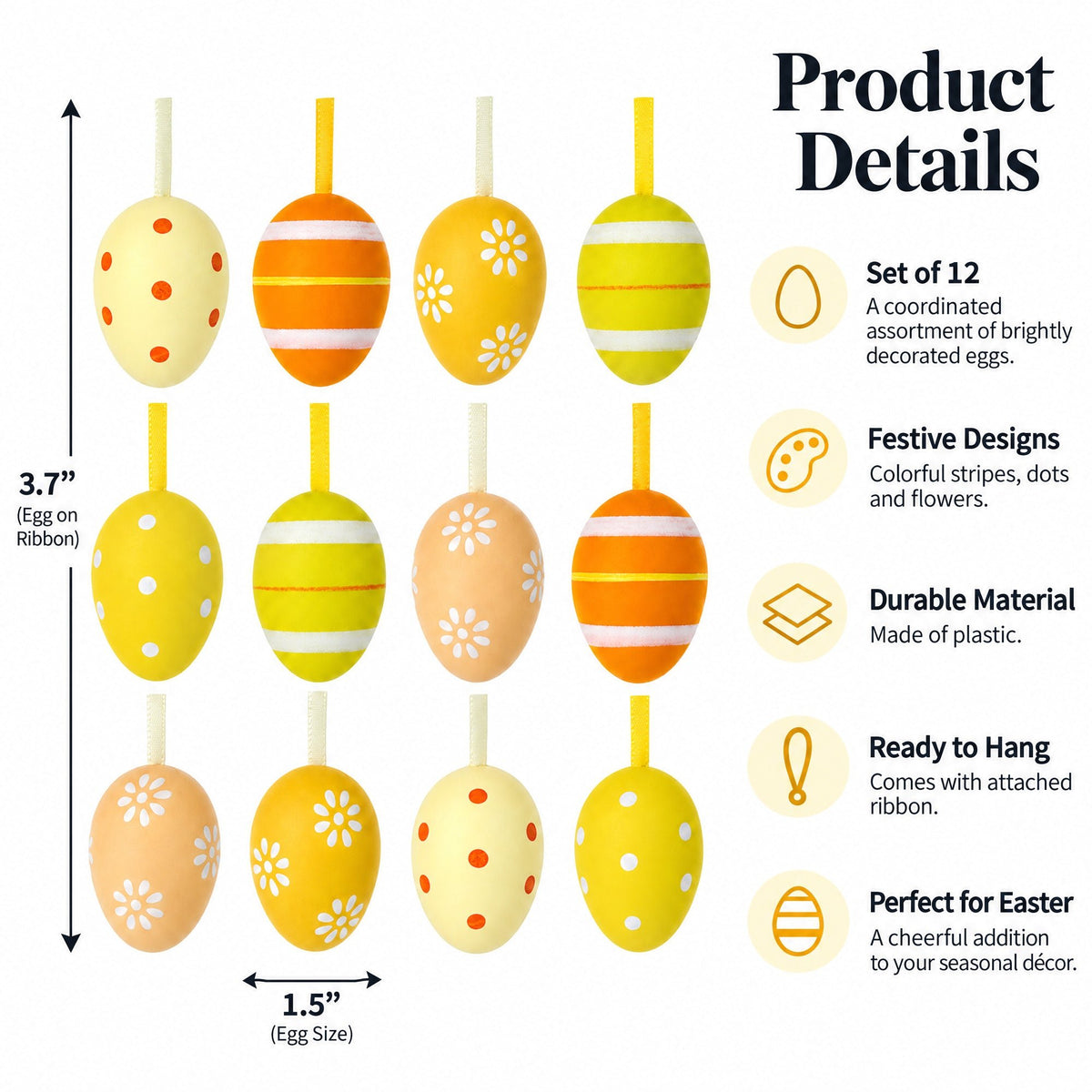 Set of 12 Miniature Pastel Yellow Polka Dot, Flowers, Stripes Plastic Easter Egg Ornaments 1.5 Inches Easter Eggs > Ornaments La Vie Bien Set of 12 Miniature Pastel Yellow Polka Dot, Flowers, Stripes Plastic Easter Egg Ornaments 1.5 Inches
