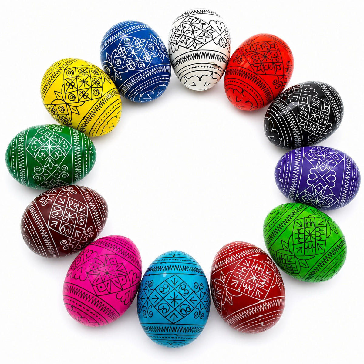Set of 12 Multicolored Hand Painted Ukrainian Wooden Easter Eggs 2.5 Inches Easter Eggs > Wooden Pysanky Sets La Vie Bien Set of 12 Multicolored Hand Painted Ukrainian Wooden Easter Eggs 2.5 Inches