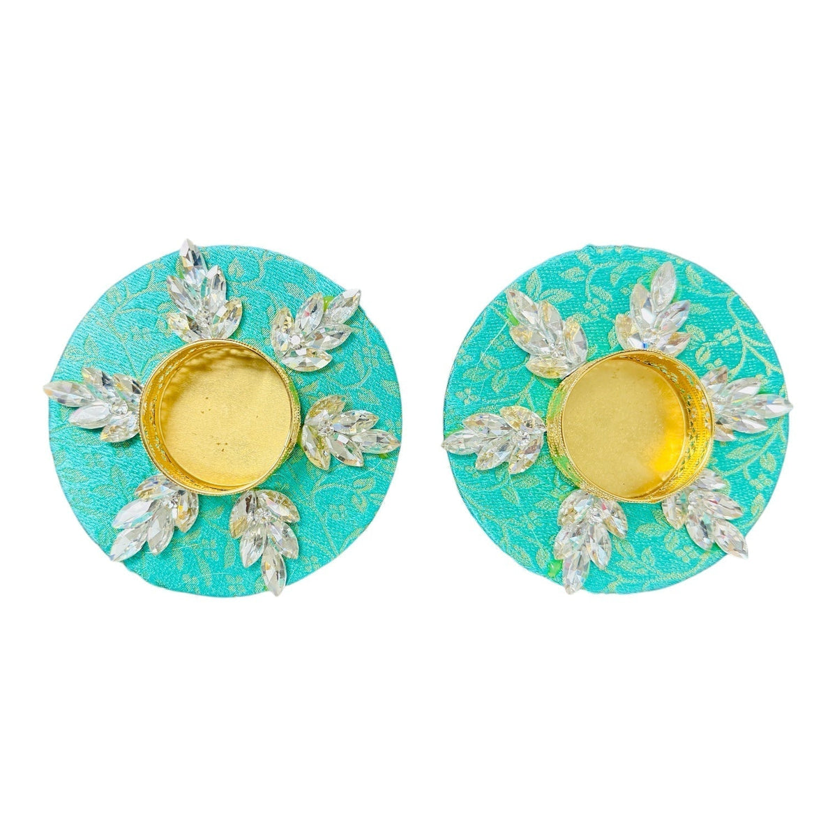 Set of 2 Diya with Kundan or Stone Studded Design on Brocade/ T-Light Holder - Return Gift for Any Indian Celebration - Set of 2 La Vie Bien Set of 2 Diya with Kundan or Stone Studded Design on Brocade/ T-Light Holder - Return Gift for Any Indian Celebration - Set of 2