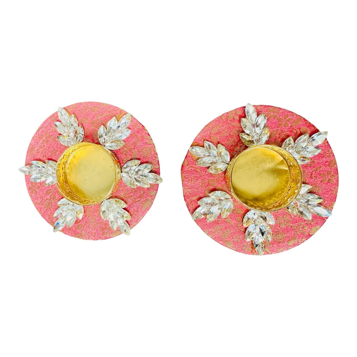 Set of 2 Diya with Kundan or Stone Studded Design on Brocade/ T-Light Holder - Return Gift for Any Indian Celebration - Set of 2 La Vie Bien Set of 2 Diya with Kundan or Stone Studded Design on Brocade/ T-Light Holder - Return Gift for Any Indian Celebration - Set of 2