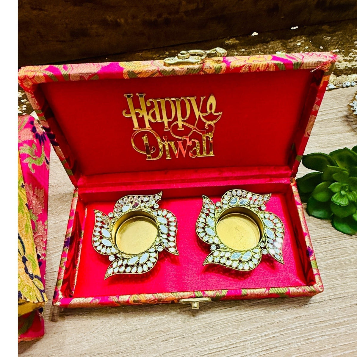 Set of 2 Diyas in Gift Box with Happy Diwali Cutout La Vie Bien Set of 2 Diyas in Gift Box with Happy Diwali Cutout