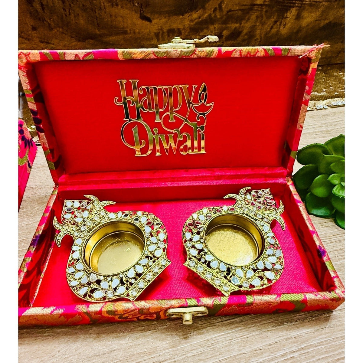 Set of 2 Diyas in Gift Box with Happy Diwali Cutout La Vie Bien Set of 2 Diyas in Gift Box with Happy Diwali Cutout