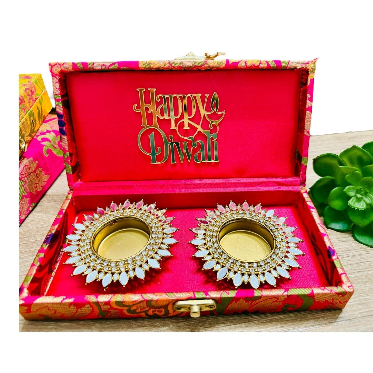 Set of 2 Diyas in Gift Box with Happy Diwali Cutout La Vie Bien Set of 2 Diyas in Gift Box with Happy Diwali Cutout