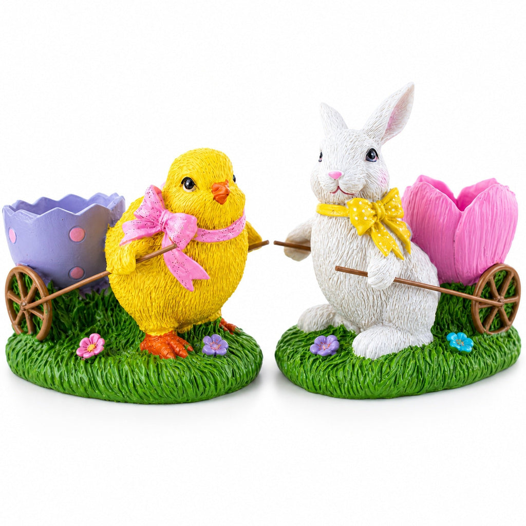 Set of 2 Easter Bunny and Chick Figurine Set - 5" Spring Egg Holder Decor Easter > Figurines > Bunnies La Vie Bien Set of 2 Easter Bunny and Chick Figurine Set - 5" Spring Egg Holder Decor