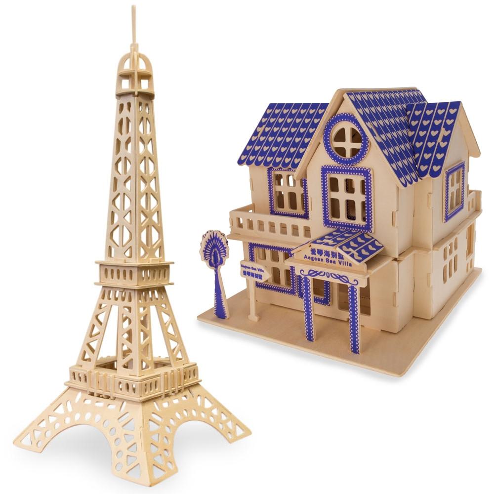 Set of 2 Eiffel Tower and House Model Kit Wooden 3D Puzzles Toys > 3D Puzzles La Vie Bien Set of 2 Eiffel Tower and House Model Kit Wooden 3D Puzzles