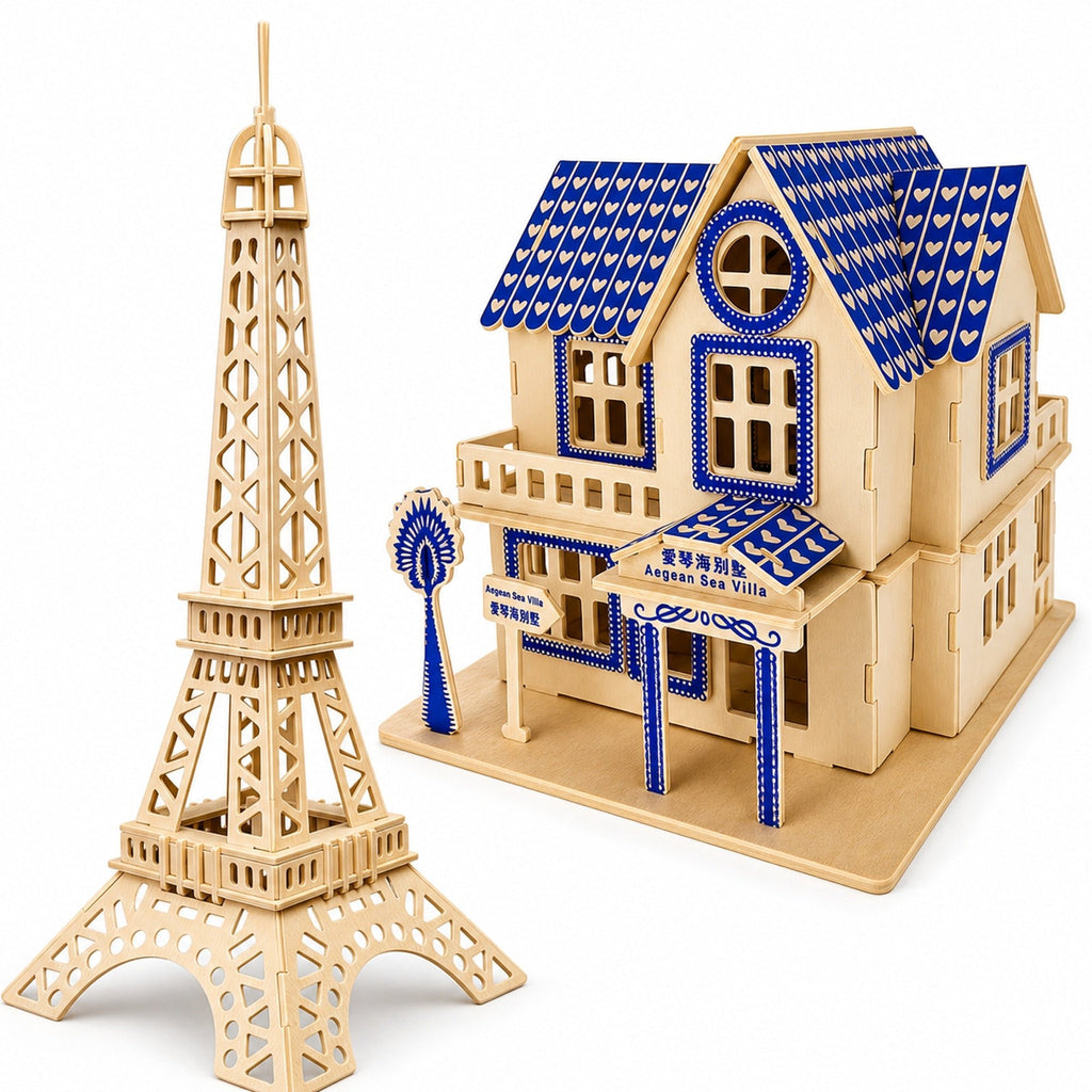 Set of 2 Eiffel Tower and House Model Kit Wooden 3D Puzzles Toys > 3D Puzzles La Vie Bien Set of 2 Eiffel Tower and House Model Kit Wooden 3D Puzzles