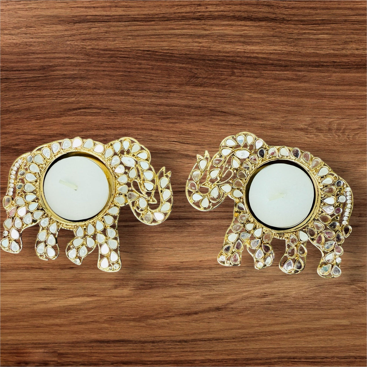 Set of 2 Elephant Shaped Metal T-Light Holder with Mirror Work La Vie Bien Set of 2 Elephant Shaped Metal T-Light Holder with Mirror Work