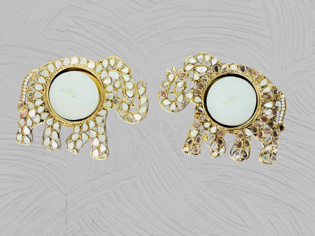 Set of 2 Elephant Shaped Metal T-Light Holder with Mirror Work La Vie Bien Set of 2 Elephant Shaped Metal T-Light Holder with Mirror Work