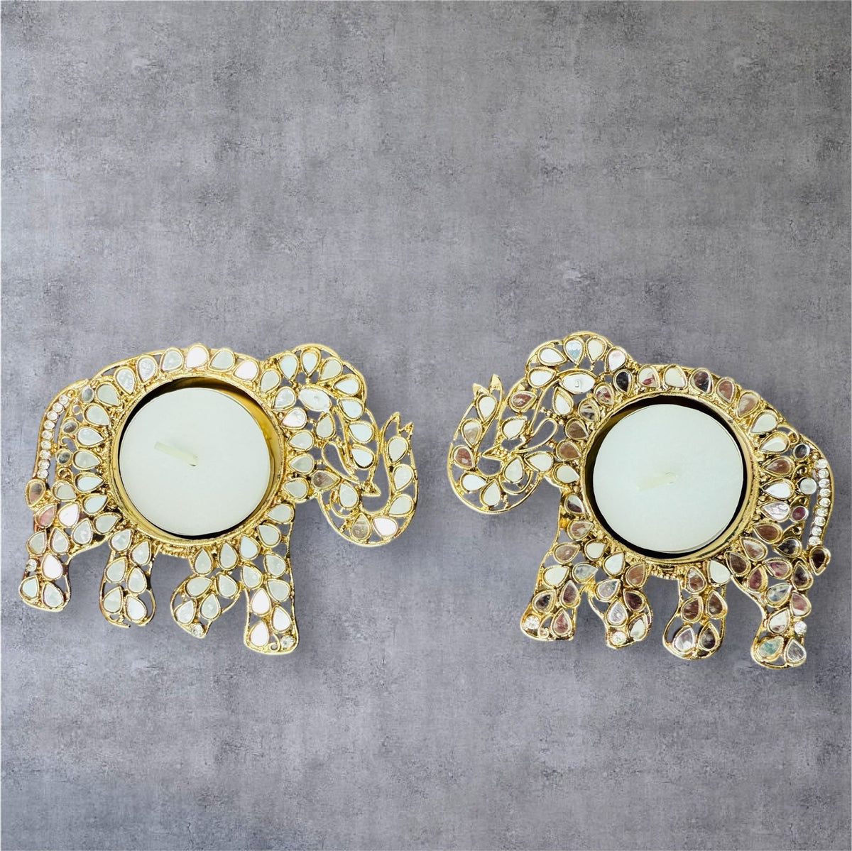 Set of 2 Elephant Shaped Metal T-Light Holder with Mirror Work La Vie Bien Set of 2 Elephant Shaped Metal T-Light Holder with Mirror Work