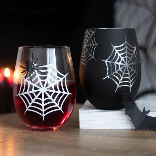 Set of 2 Gothic Spider and Web Stemless Wine Glasses La Vie Bien Set of 2 Gothic Spider and Web Stemless Wine Glasses
