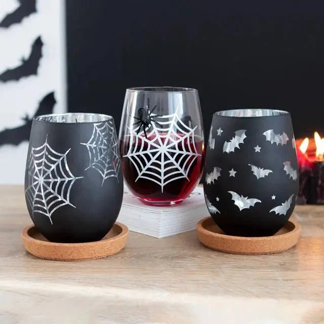 Set of 2 Gothic Spider and Web Stemless Wine Glasses La Vie Bien Set of 2 Gothic Spider and Web Stemless Wine Glasses