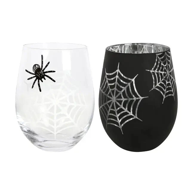 Set of 2 Gothic Spider and Web Stemless Wine Glasses La Vie Bien Set of 2 Gothic Spider and Web Stemless Wine Glasses