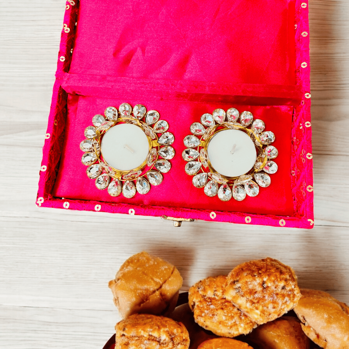 Set of 2 Kundan Diyas with Fabric Box La Vie Bien Set of 2 Kundan Diyas with Fabric Box
