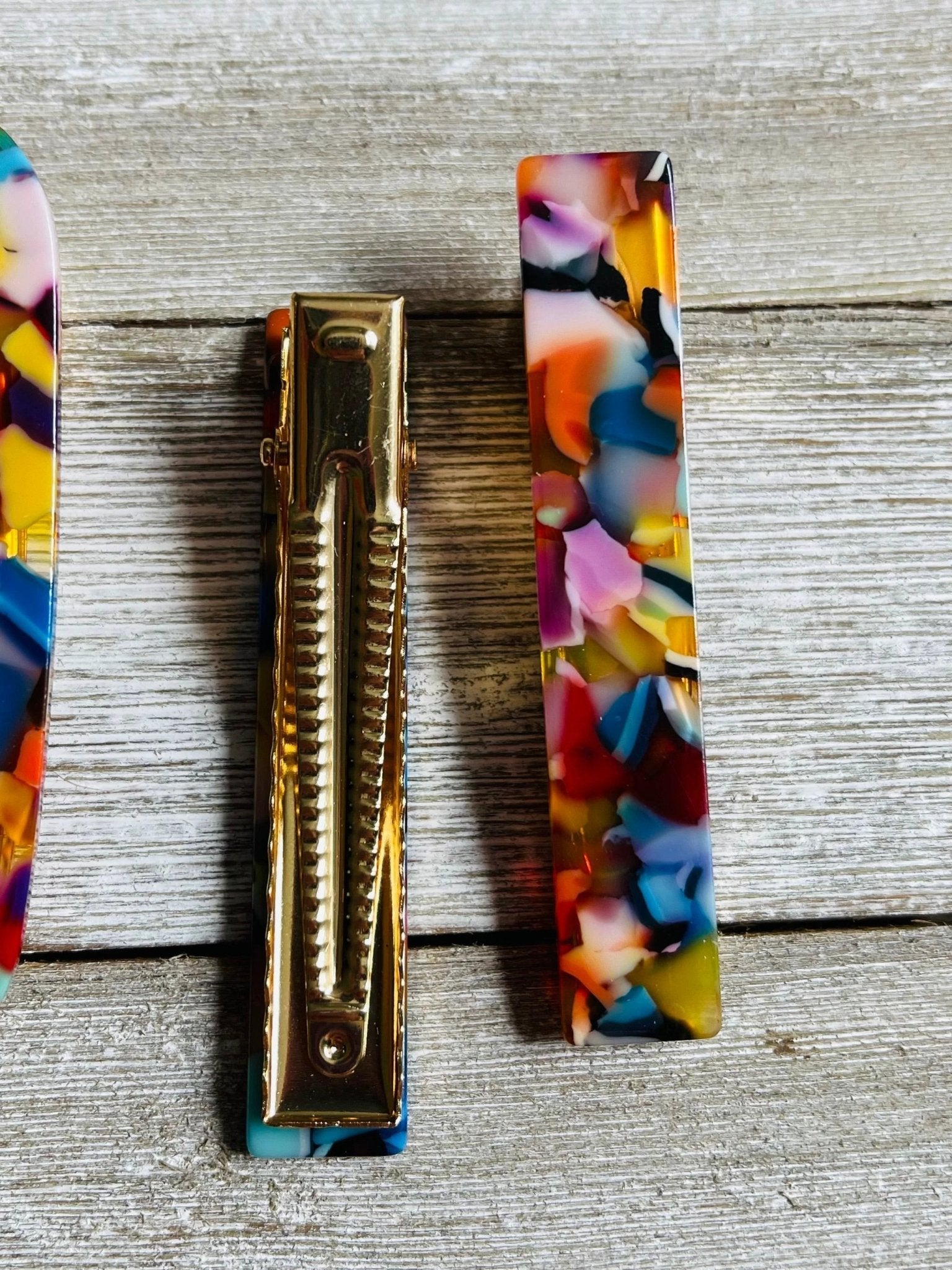 Set of 2 Rainbow Mosaic Acetate Alligator Hair Clips by Bespattered Facade