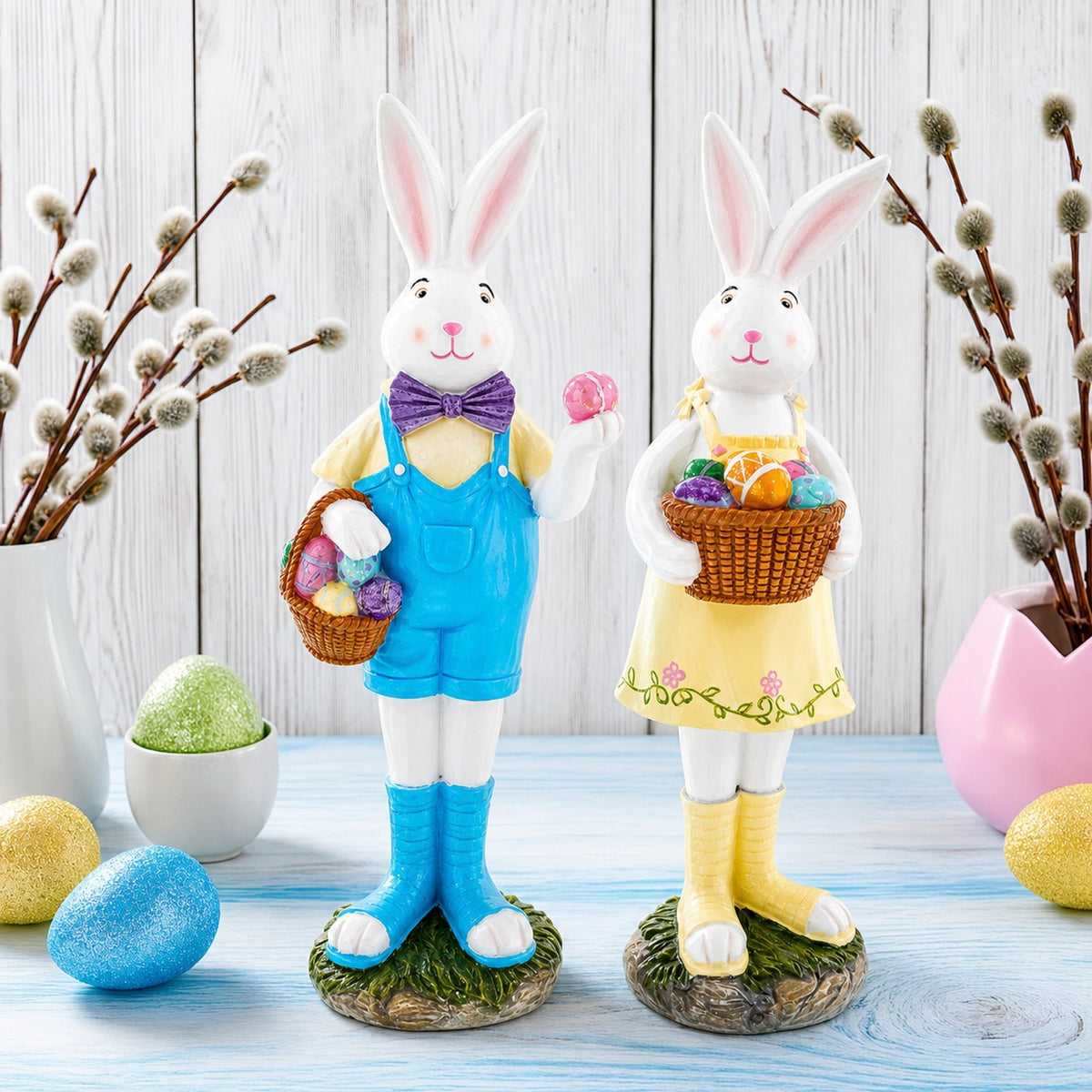 Set of 2 Resin Spring Bunnies With Eggs Figurine Centerpiece Display 12 Inches Tall Easter > Figurines > Bunnies La Vie Bien Set of 2 Resin Spring Bunnies With Eggs Figurine Centerpiece Display 12 Inches Tall