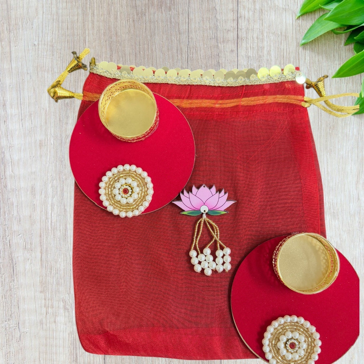 Set of 2 Round Diyas with Pearl Butti in Potli Bag La Vie Bien Set of 2 Round Diyas with Pearl Butti in Potli Bag
