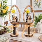 Set of 2 Rustic Wooden Easter Egg Tabletop Decorations With Bunny Scene 10.7 Inches Tall Easter > Figurines > Bunnies La Vie Bien Set of 2 Rustic Wooden Easter Egg Tabletop Decorations With Bunny Scene 10.7 Inches Tall