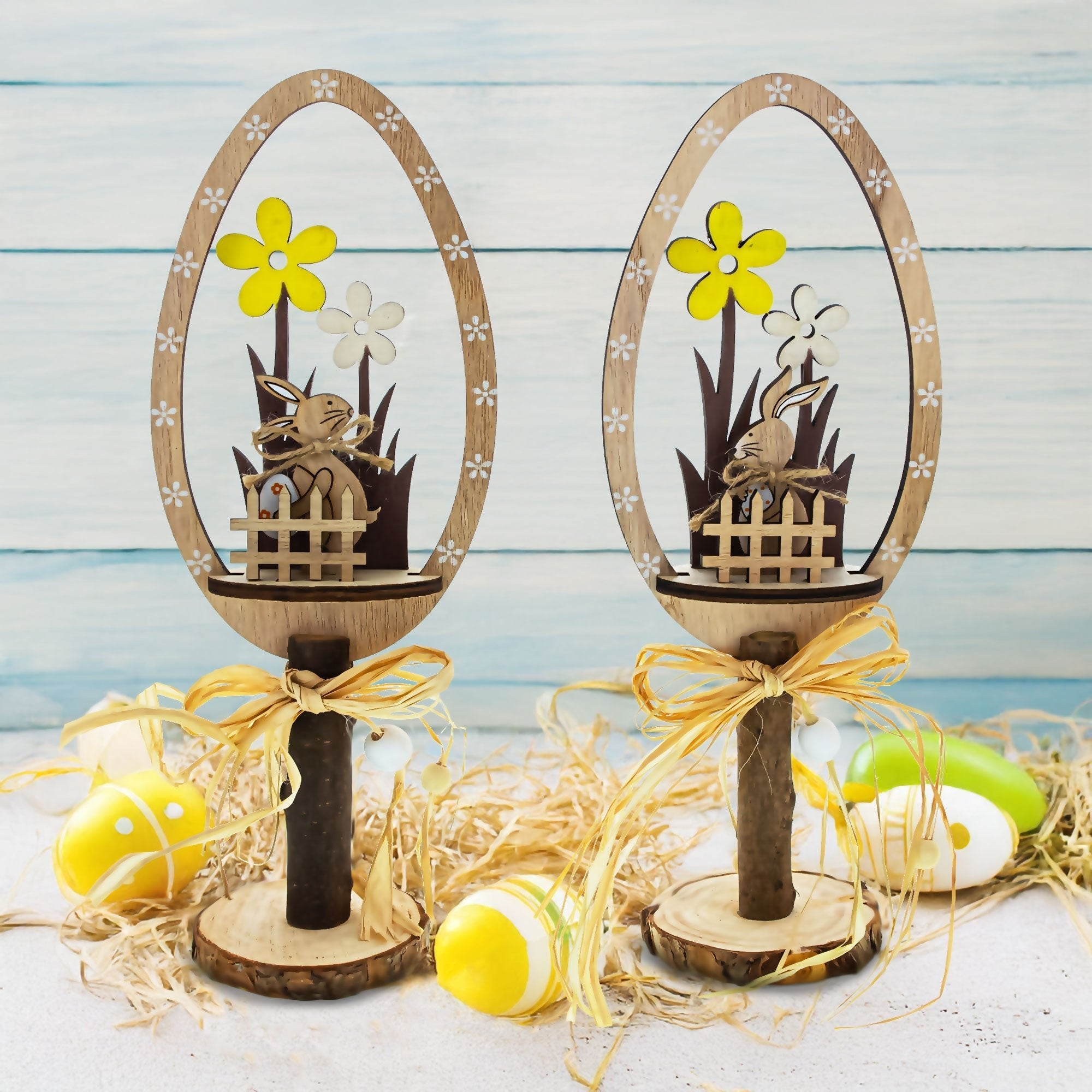 Set of 2 Rustic Wooden Easter Egg Tabletop Decorations With Bunny Scene 10.7 Inches Tall Easter > Figurines > Bunnies La Vie Bien Set of 2 Rustic Wooden Easter Egg Tabletop Decorations With Bunny Scene 10.7 Inches Tall