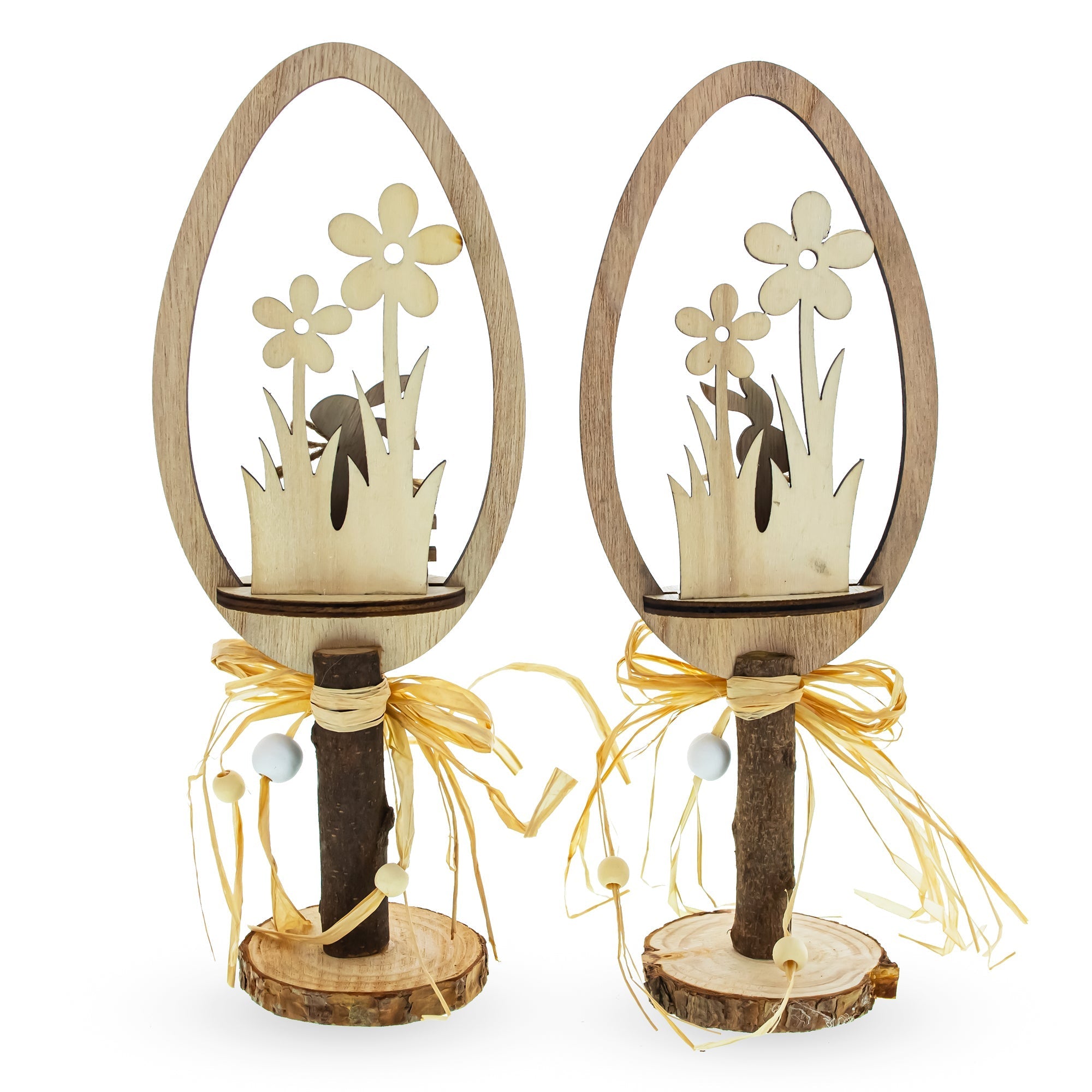 Set of 2 Rustic Wooden Easter Egg Tabletop Decorations With Bunny Scene 10.7 Inches Tall Easter > Figurines > Bunnies La Vie Bien Set of 2 Rustic Wooden Easter Egg Tabletop Decorations With Bunny Scene 10.7 Inches Tall