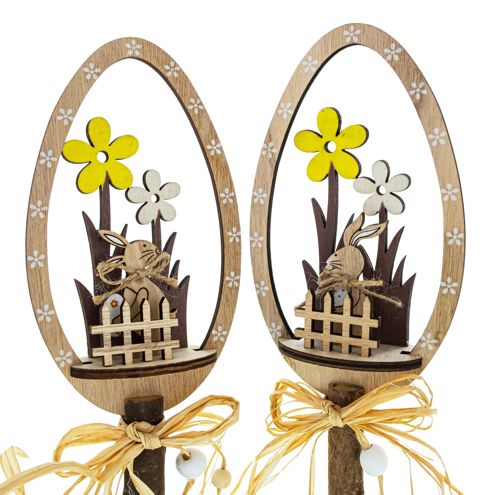 Set of 2 Rustic Wooden Easter Egg Tabletop Decorations With Bunny Scene 10.7 Inches Tall Easter > Figurines > Bunnies La Vie Bien Set of 2 Rustic Wooden Easter Egg Tabletop Decorations With Bunny Scene 10.7 Inches Tall