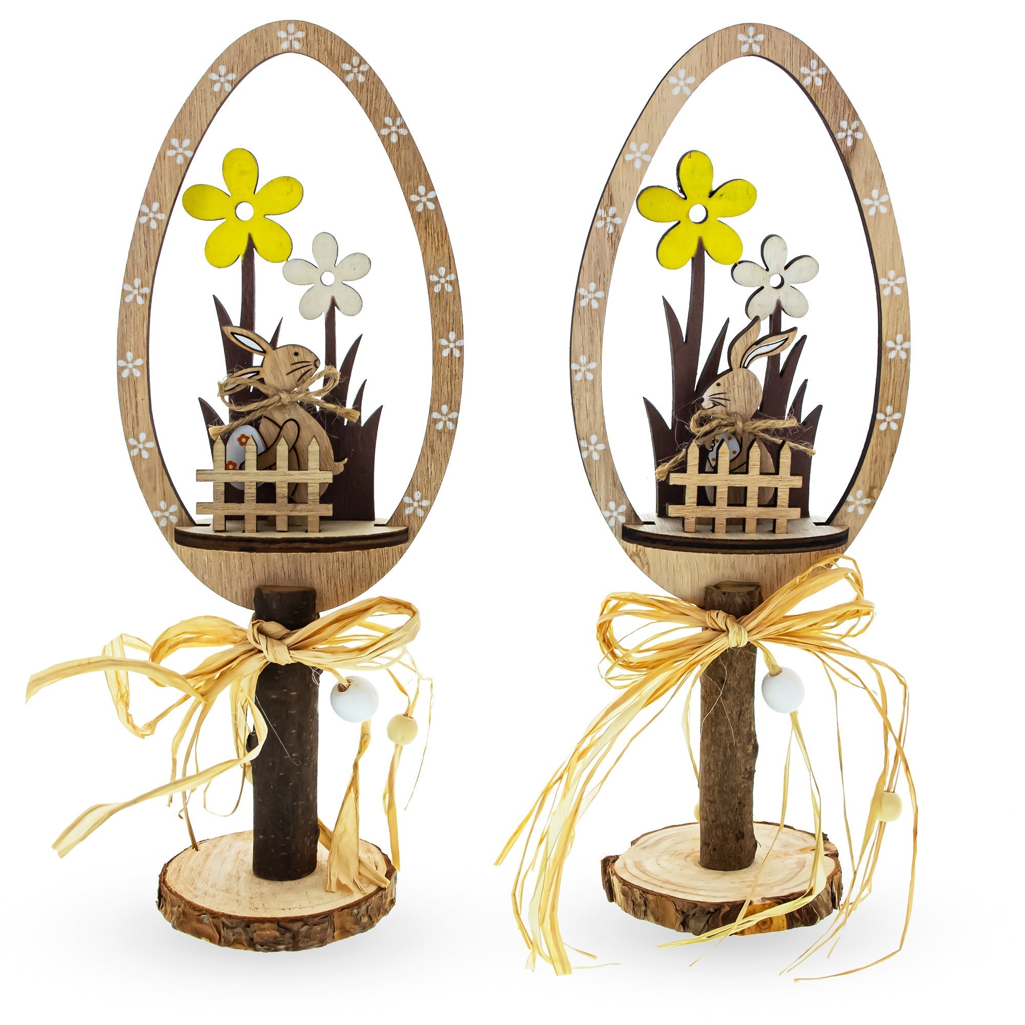 Set of 2 Rustic Wooden Easter Egg Tabletop Decorations With Bunny Scene 10.7 Inches Tall Easter > Figurines > Bunnies La Vie Bien Set of 2 Rustic Wooden Easter Egg Tabletop Decorations With Bunny Scene 10.7 Inches Tall