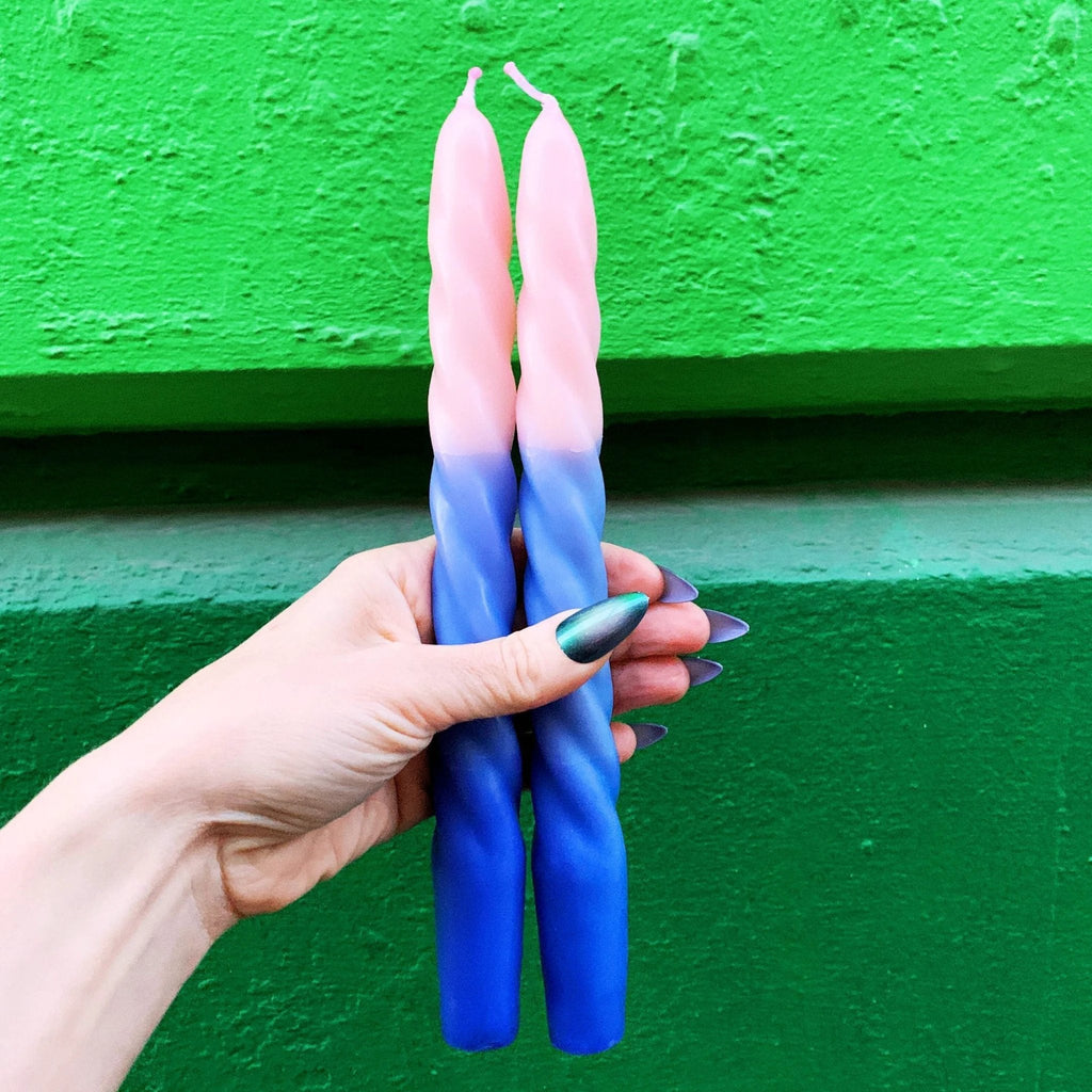 Set of 2 Taper Candle in Pink - Light Blue - Blue | Aesthetic Spiral Unscented Table Candlesticks | Gift for Her by The Bullish Store