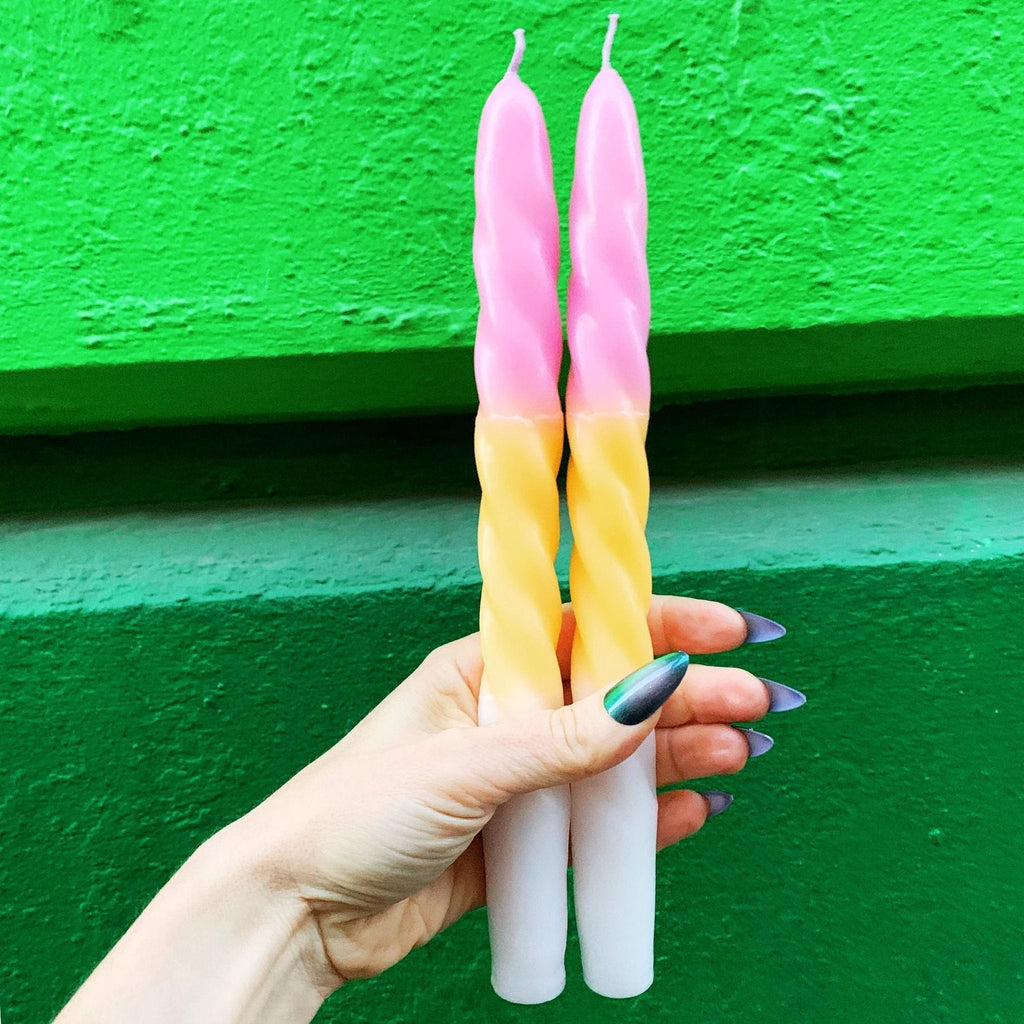 Set of 2 Taper Candle in Pink Yellow White | Spiral Unscented Aesthetic Dinner Candlesticks | Gift for Her by The Bullish Store