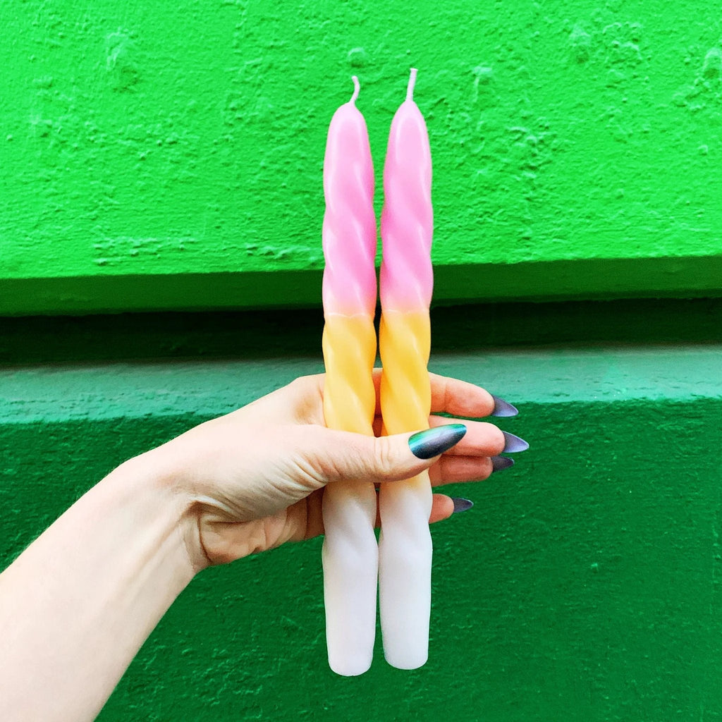 Set of 2 Taper Candle in Pink Yellow White | Spiral Unscented Aesthetic Dinner Candlesticks | Gift for Her by The Bullish Store