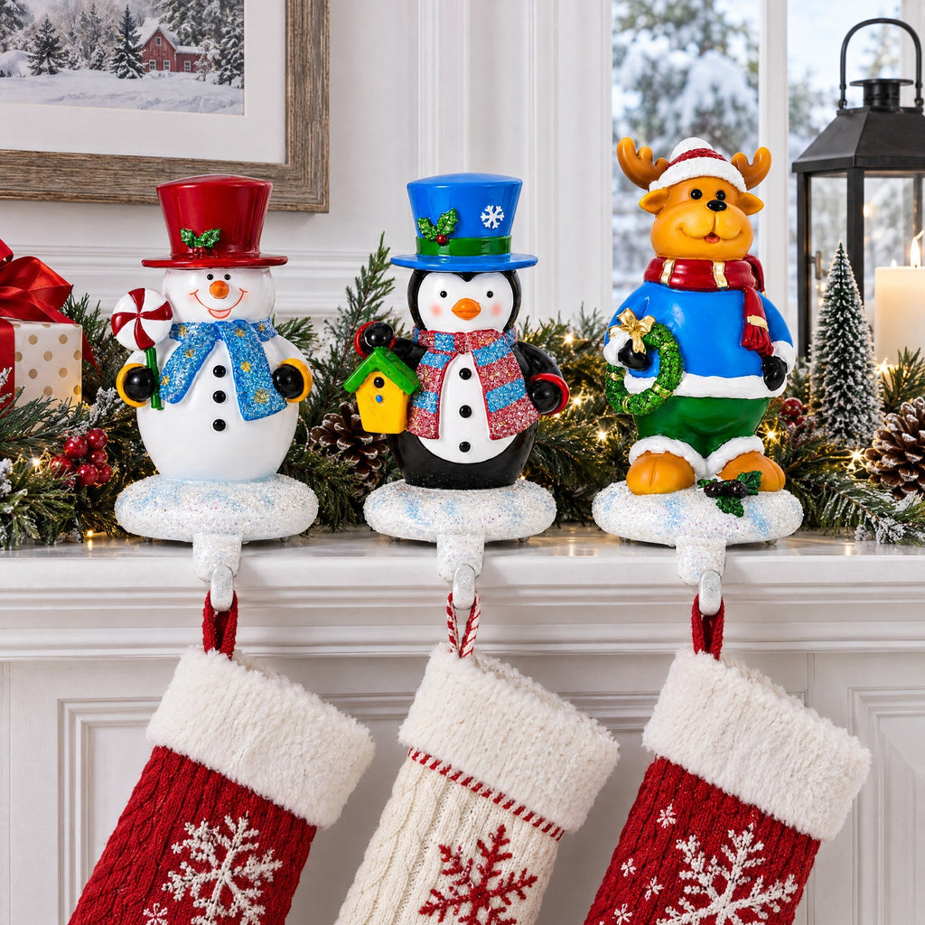 Set of 3 Christmas Stocking Holders - Snowman Penguin Reindeer Mantel Hooks Christmas Decor > Christmas Stocking Holders La Vie Bien Set of 3 Christmas Stocking Holders - Snowman Penguin Reindeer Mantel Hooks