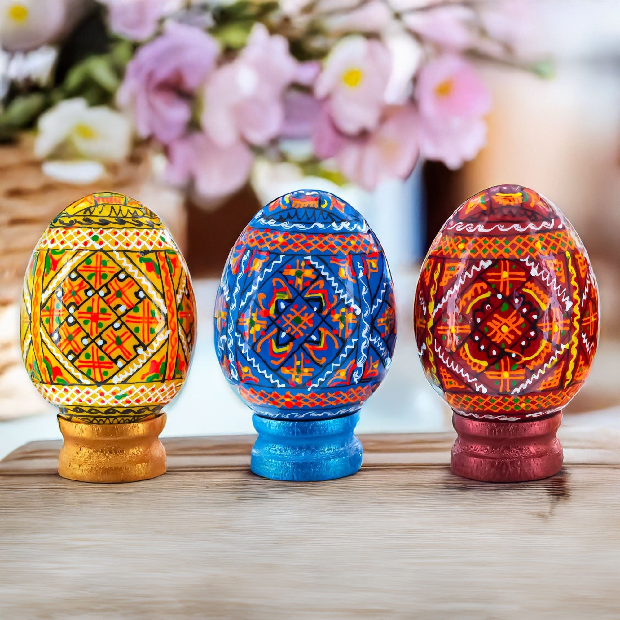 Set of 3 Colorful Geometric Ukrainian Pysanky Wooden Easter Eggs with Stands Easter Eggs > Wooden Pysanky Sets La Vie Bien Set of 3 Colorful Geometric Ukrainian Pysanky Wooden Easter Eggs with Stands