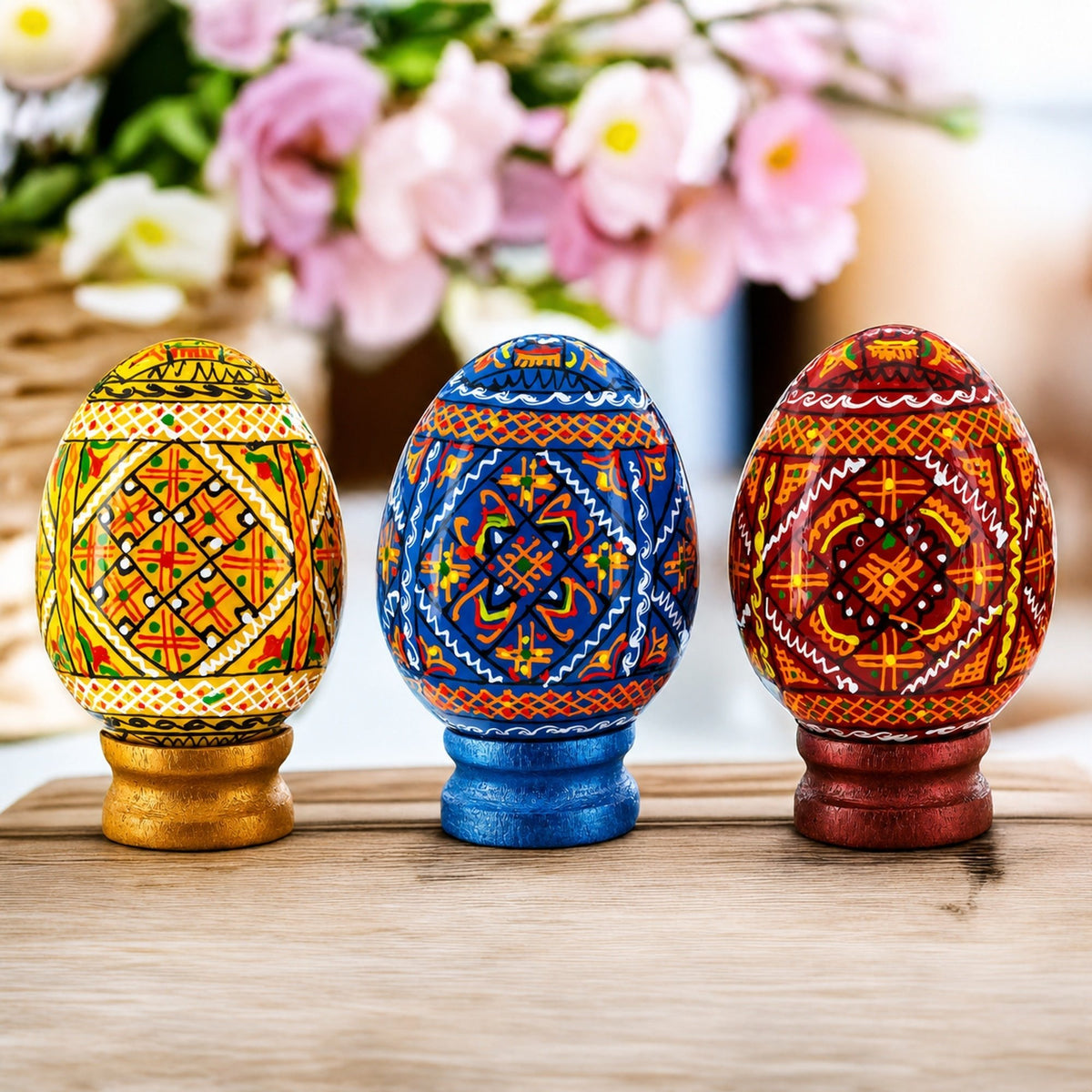 Set of 3 Colorful Geometric Ukrainian Pysanky Wooden Easter Eggs with Stands Easter Eggs > Wooden Pysanky Sets La Vie Bien Set of 3 Colorful Geometric Ukrainian Pysanky Wooden Easter Eggs with Stands