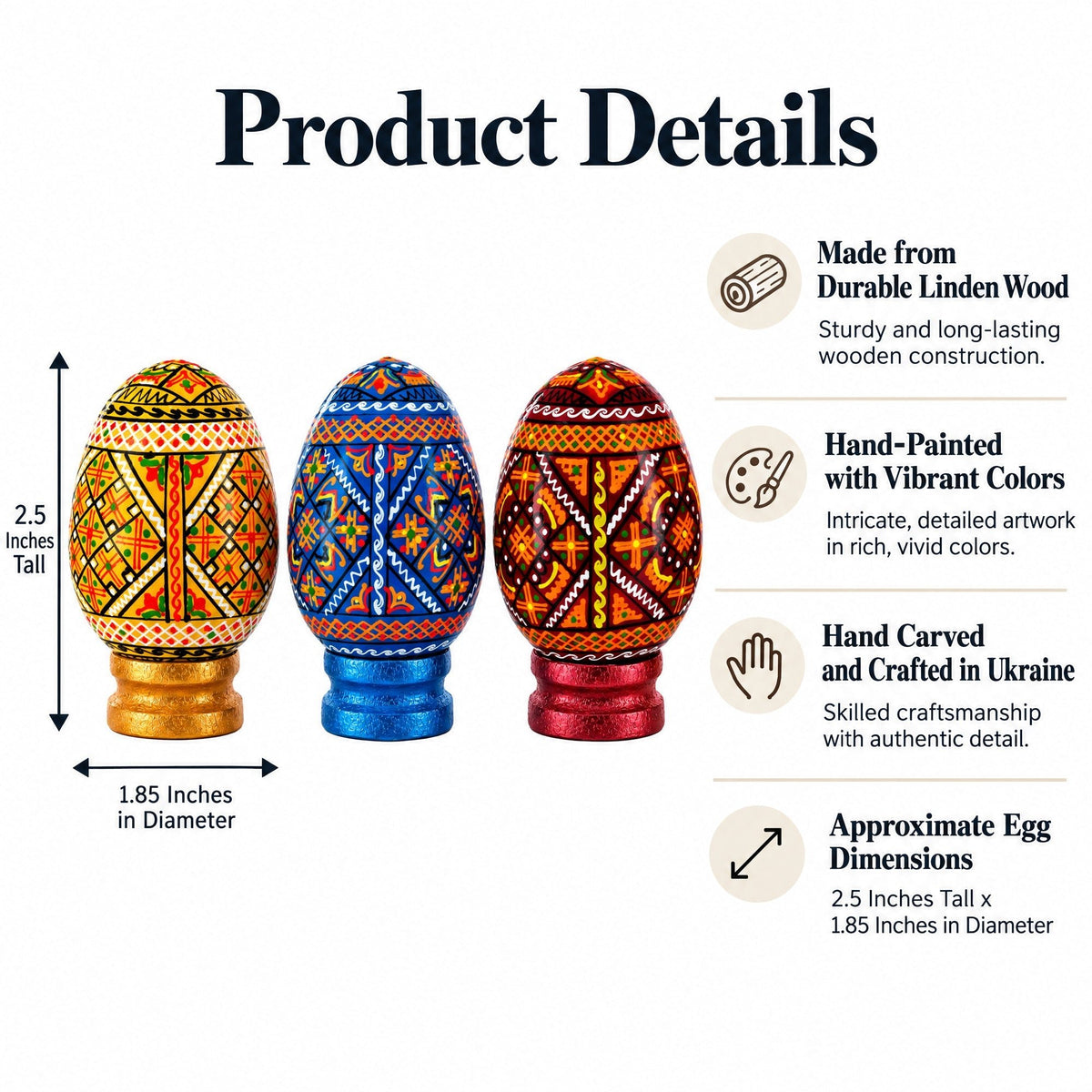 Set of 3 Colorful Geometric Ukrainian Pysanky Wooden Easter Eggs with Stands Easter Eggs > Wooden Pysanky Sets La Vie Bien Set of 3 Colorful Geometric Ukrainian Pysanky Wooden Easter Eggs with Stands