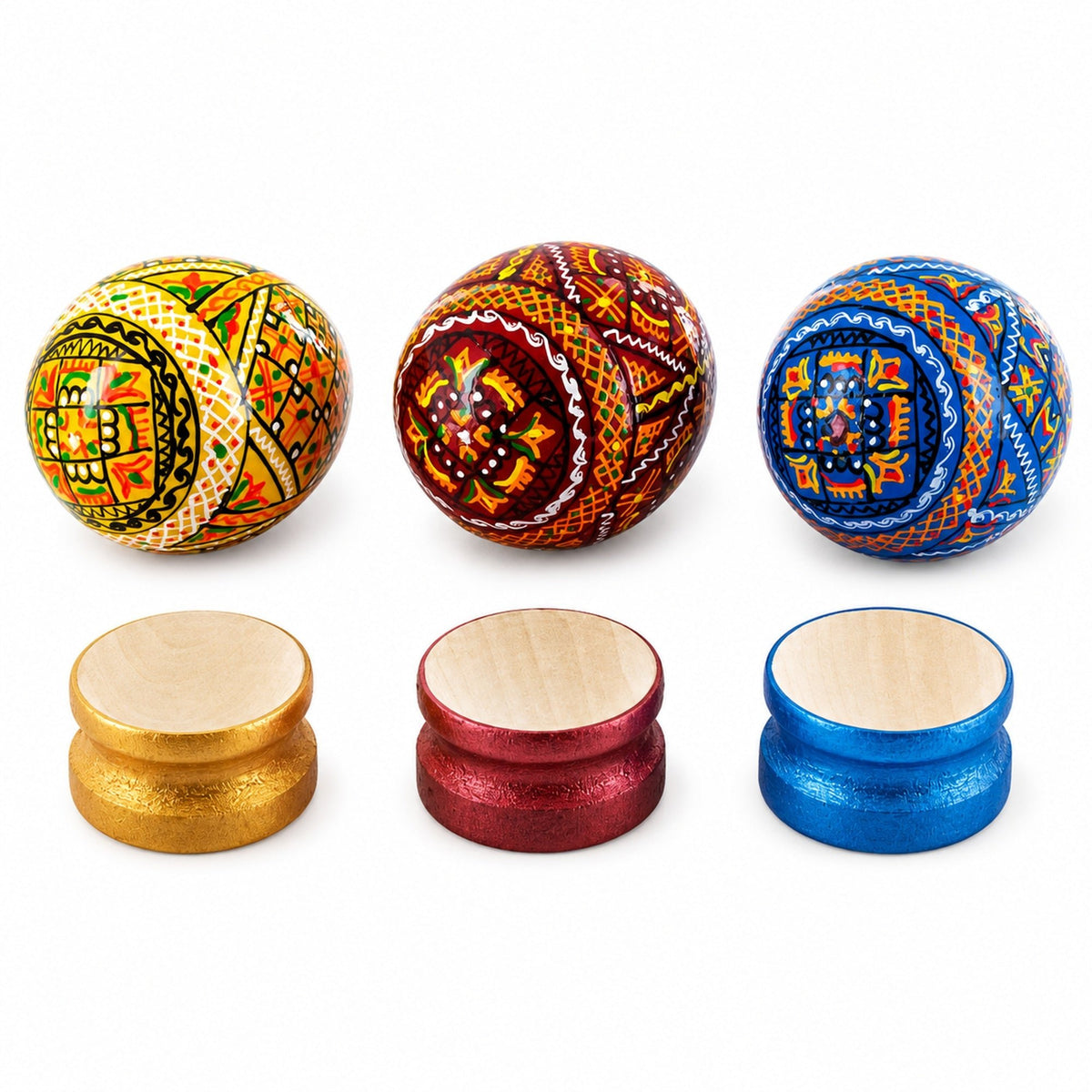 Set of 3 Colorful Geometric Ukrainian Pysanky Wooden Easter Eggs with Stands Easter Eggs > Wooden Pysanky Sets La Vie Bien Set of 3 Colorful Geometric Ukrainian Pysanky Wooden Easter Eggs with Stands