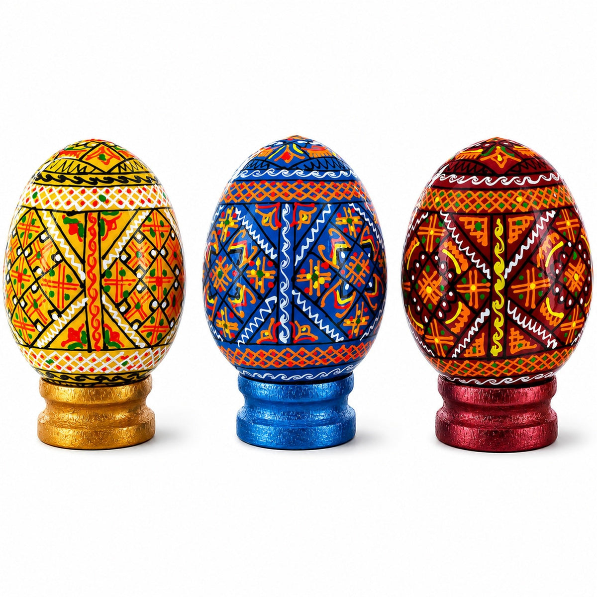 Set of 3 Colorful Geometric Ukrainian Pysanky Wooden Easter Eggs with Stands Easter Eggs > Wooden Pysanky Sets La Vie Bien Set of 3 Colorful Geometric Ukrainian Pysanky Wooden Easter Eggs with Stands