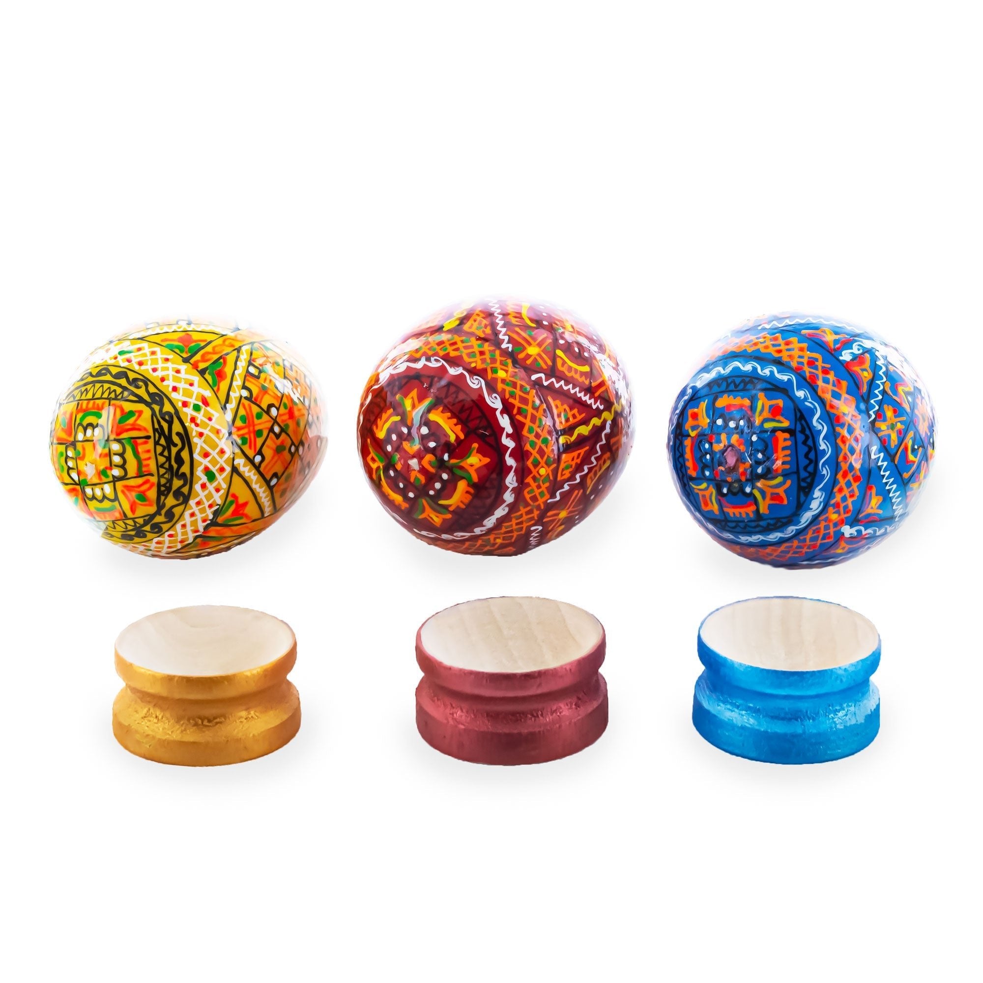 Set of 3 Colorful Geometric Ukrainian Pysanky Wooden Easter Eggs with Stands Easter Eggs > Wooden Pysanky Sets La Vie Bien Set of 3 Colorful Geometric Ukrainian Pysanky Wooden Easter Eggs with Stands