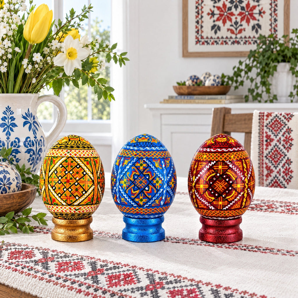 Set of 3 Colorful Geometric Ukrainian Pysanky Wooden Easter Eggs with Stands Easter Eggs > Wooden Pysanky Sets La Vie Bien Set of 3 Colorful Geometric Ukrainian Pysanky Wooden Easter Eggs with Stands
