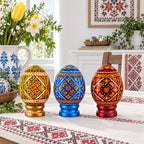 Set of 3 Colorful Geometric Ukrainian Pysanky Wooden Easter Eggs with Stands Easter Eggs > Wooden Pysanky Sets La Vie Bien Set of 3 Colorful Geometric Ukrainian Pysanky Wooden Easter Eggs with Stands
