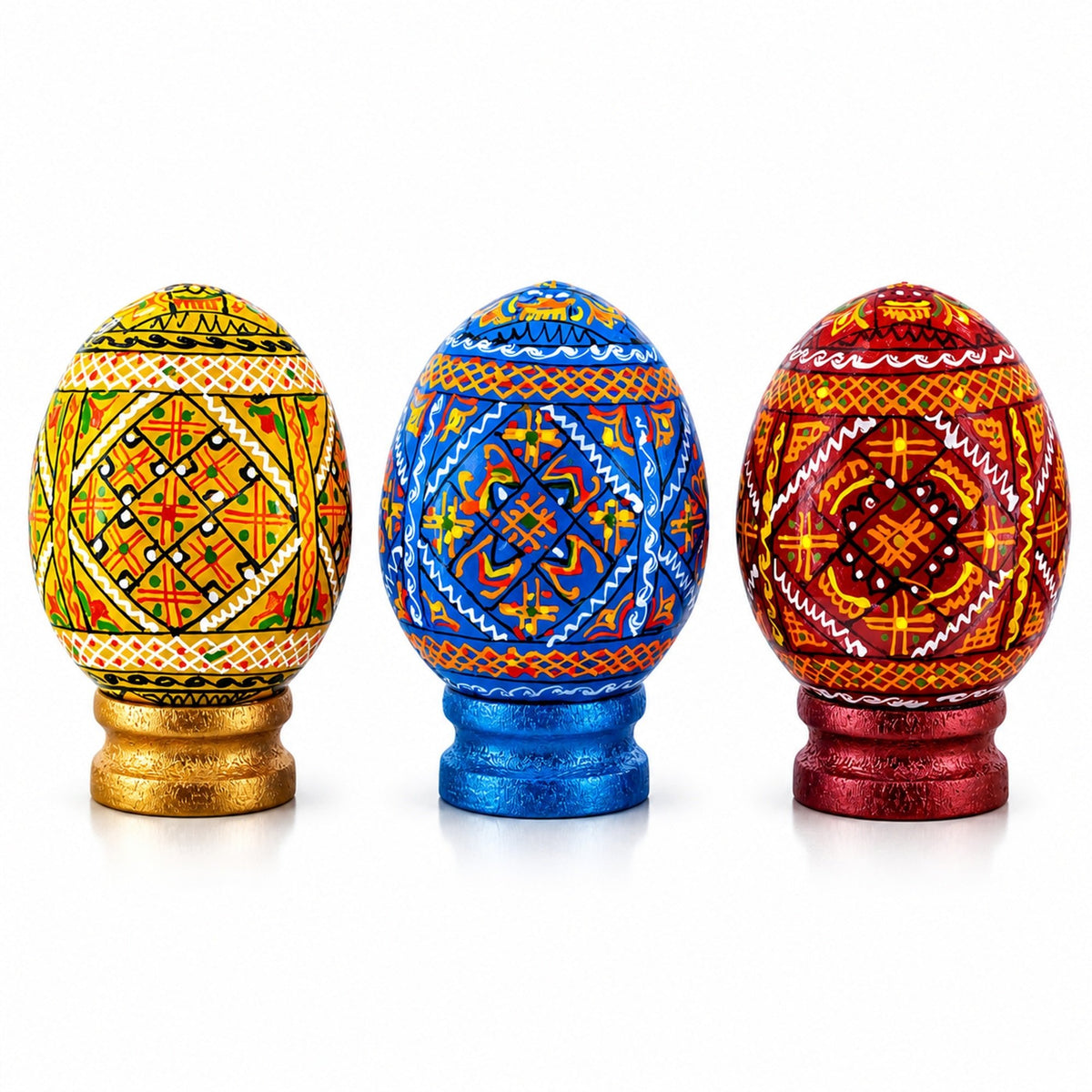 Set of 3 Colorful Geometric Ukrainian Pysanky Wooden Easter Eggs with Stands Easter Eggs > Wooden Pysanky Sets La Vie Bien Set of 3 Colorful Geometric Ukrainian Pysanky Wooden Easter Eggs with Stands